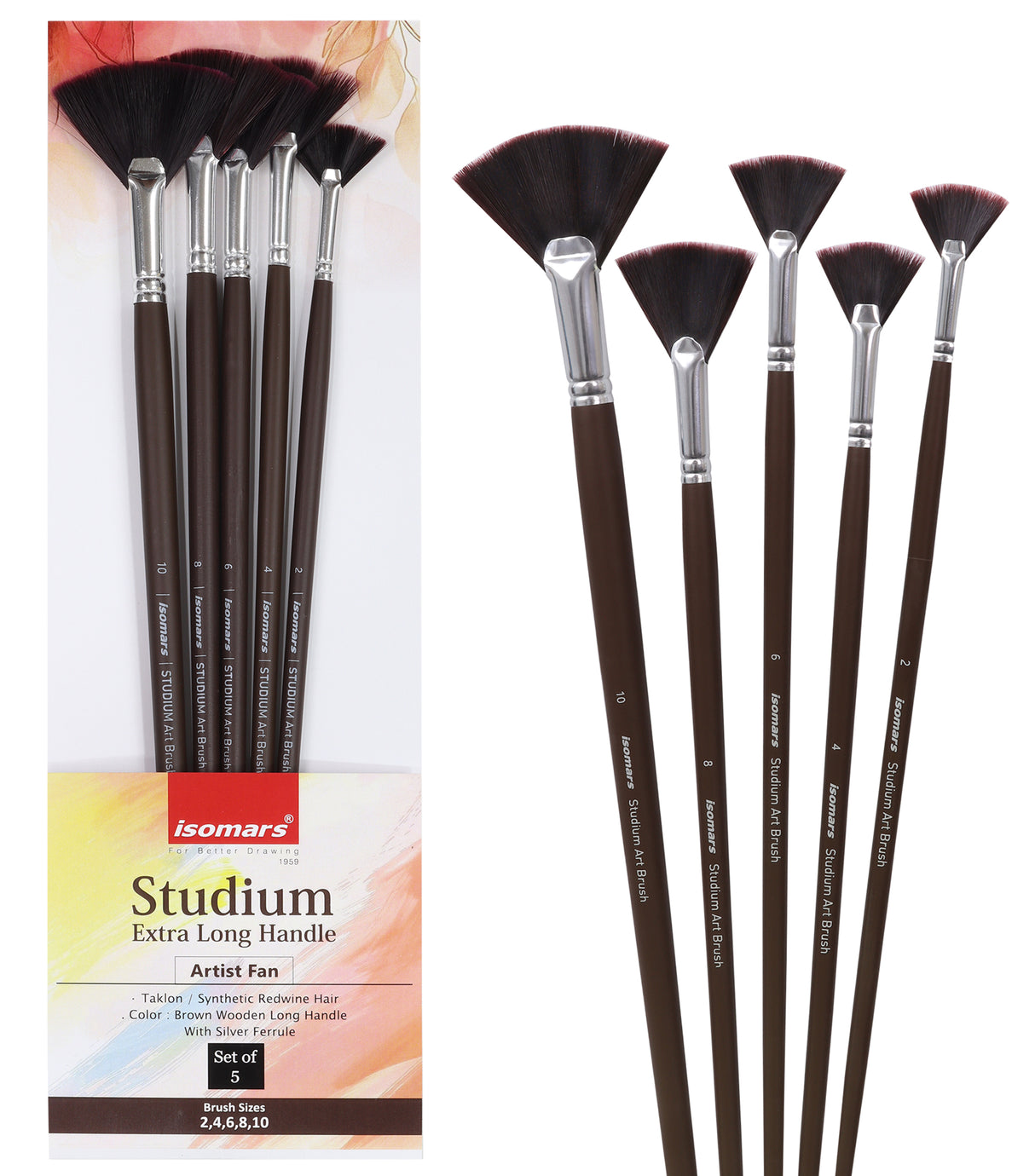 Isomars Studium Extra Long Handle Fan Brush Set Of 5 For Acrylic And Watercolor Painting