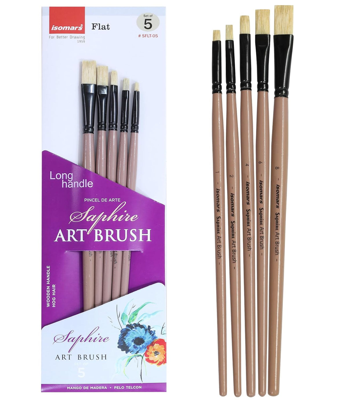 Saphire Flat Paint Brush Set of 5 Professional Taklon Synthetic Long Handle Artist Brushes