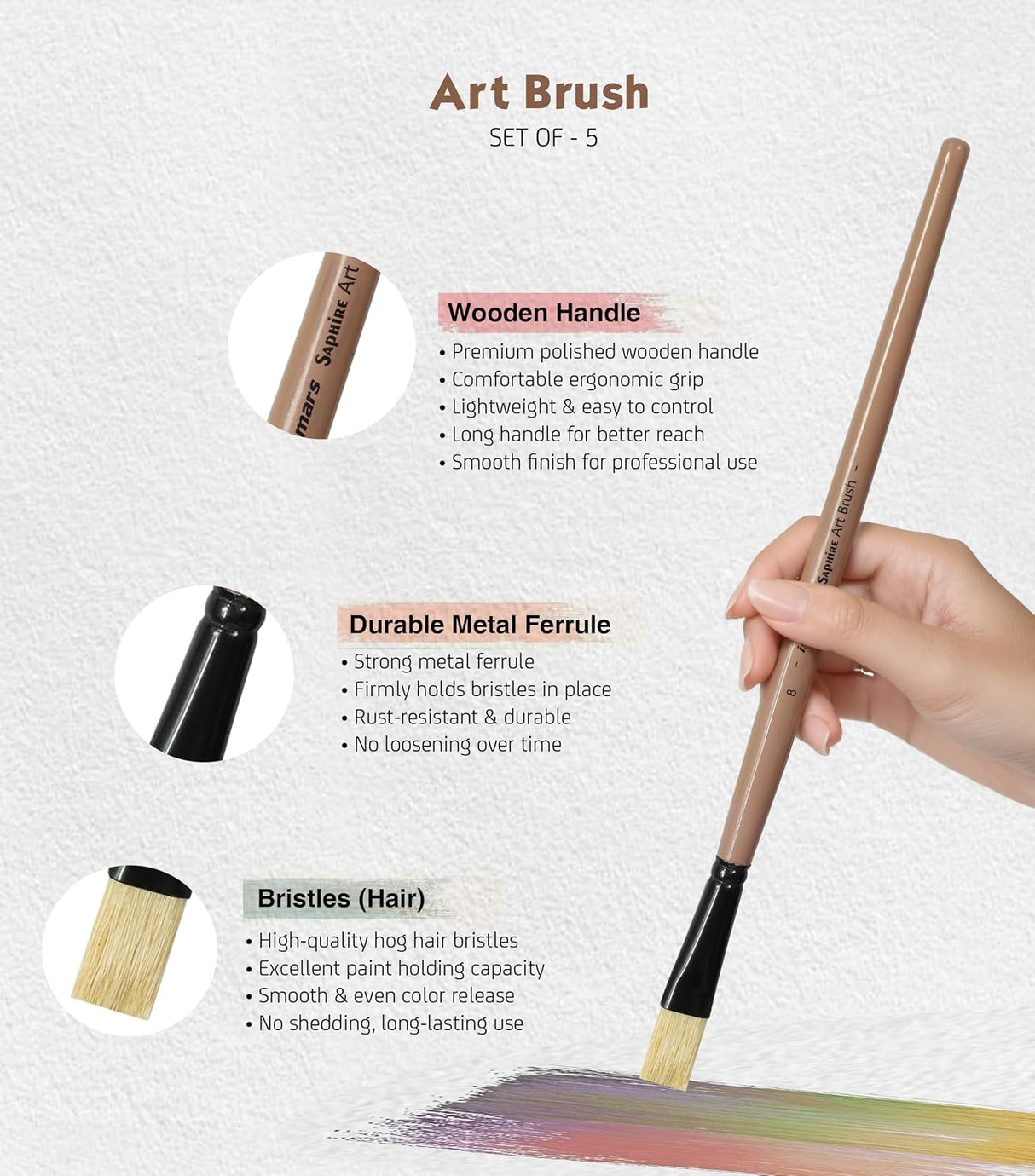 Saphire Flat Paint Brush Set of 5 | Professional Taklon Synthetic Long Handle Artist Brushes for Acrylic, Watercolor, Oil & Gouache Painting | Smooth Strokes, Broad Coverage & Easy Blending