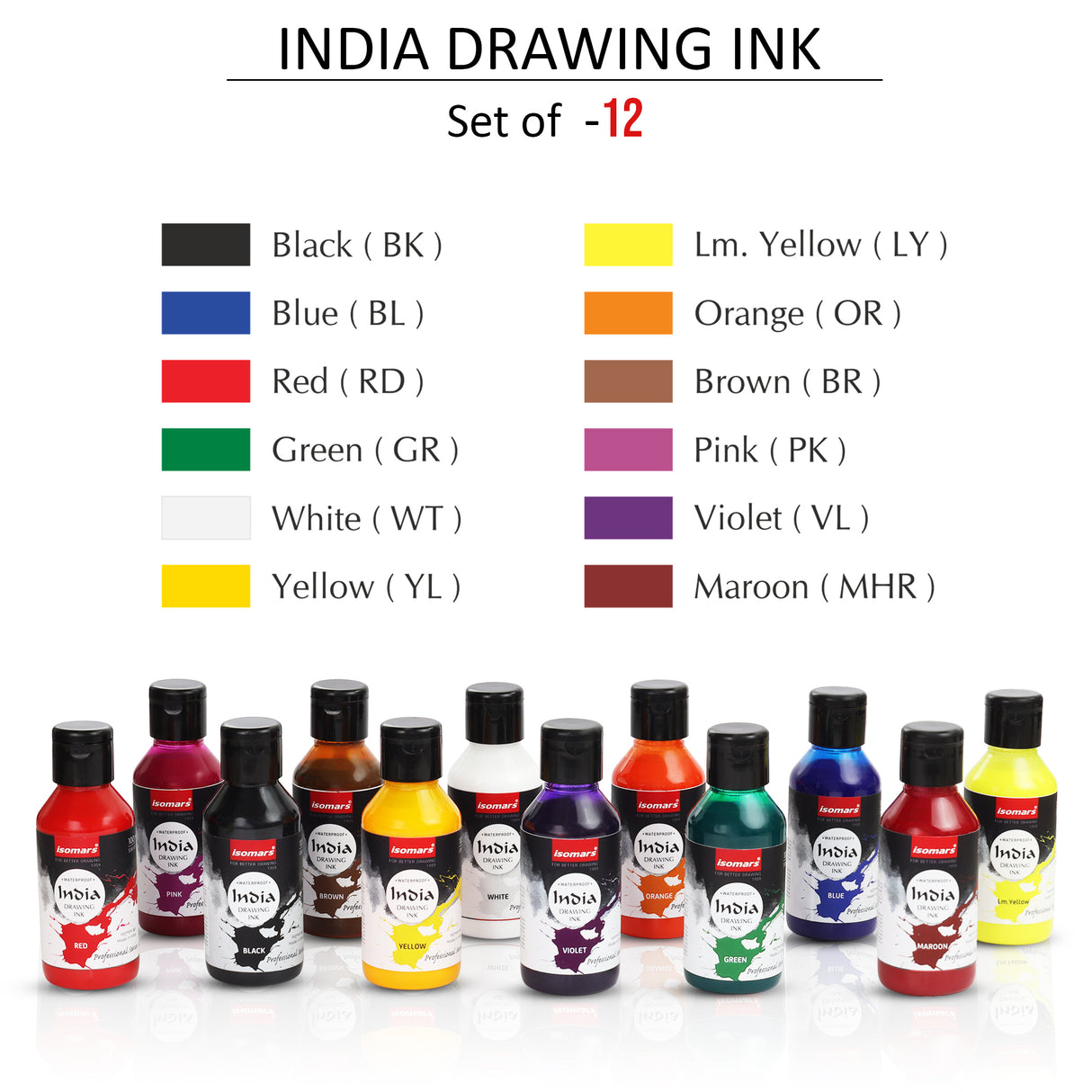 Isomars India Drawing Ink Set of 12 | 100 ml Each | Waterproof Colours