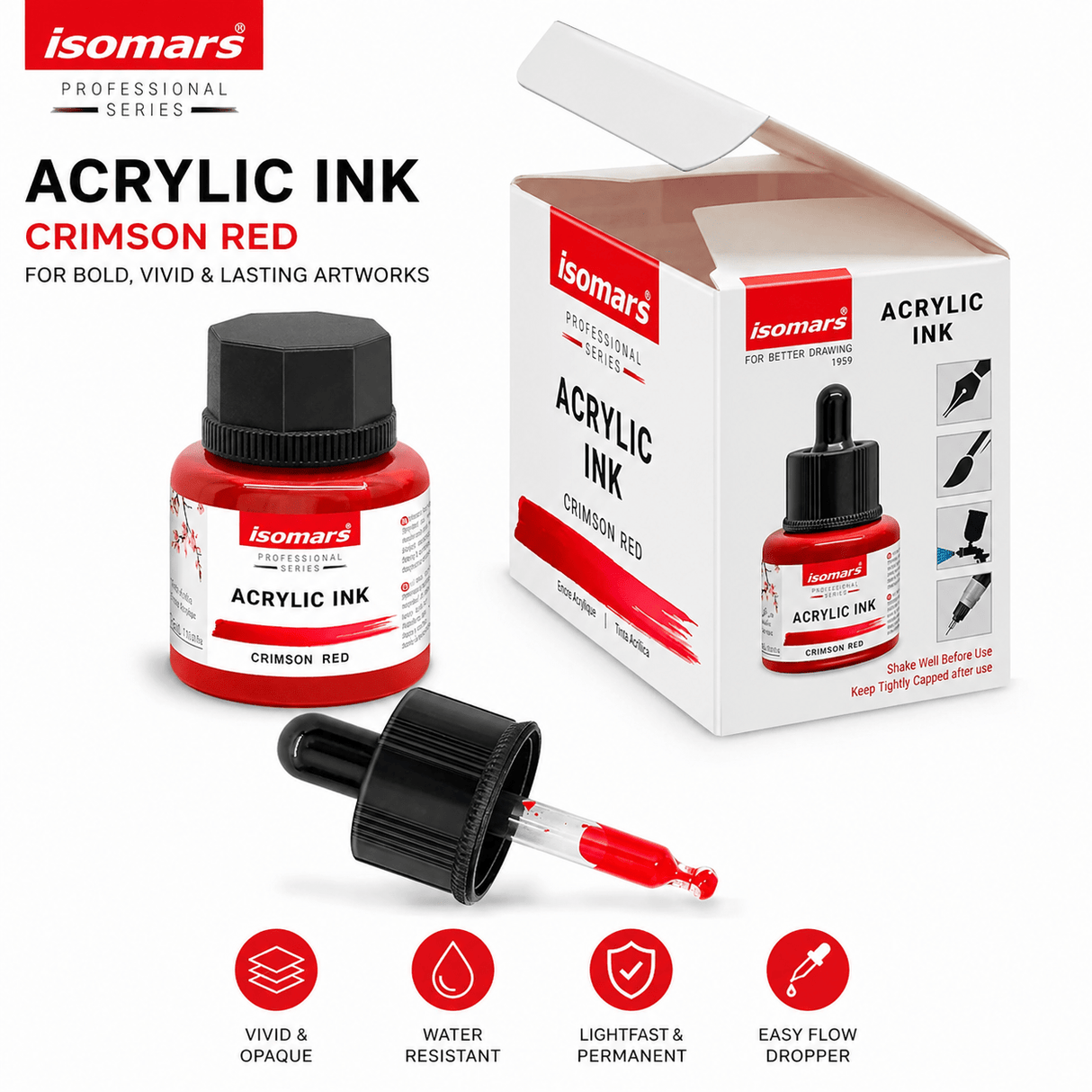 Acrylic Ink 35ml - Red – Waterproof, Fast-Drying, Rich Pigment – Ideal for Calligraphy, Drawing, Painting, and Mixed Media Art - Isomars