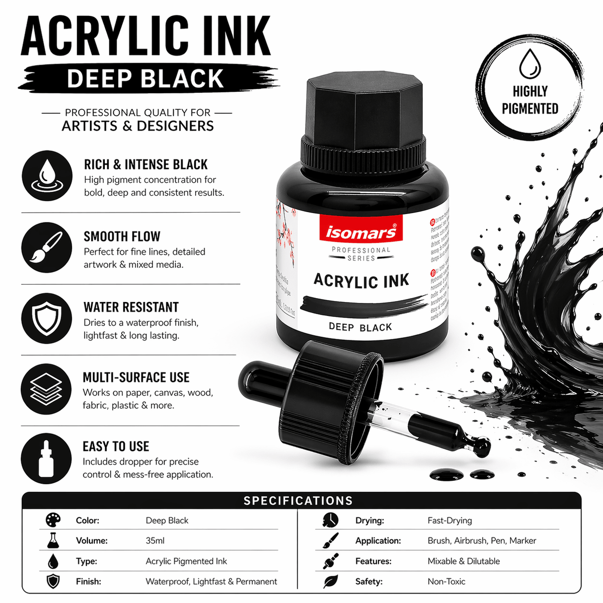 Acrylic Ink Black 35ml | Waterproof Fast-Drying Rich Pigment Ink for Calligraphy, Painting, Airbrush & Mixed Media Art - Isomars