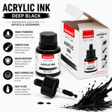 Acrylic Ink Black 35ml | Waterproof Fast-Drying Rich Pigment Ink for Calligraphy, Painting, Airbrush & Mixed Media Art - Isomars