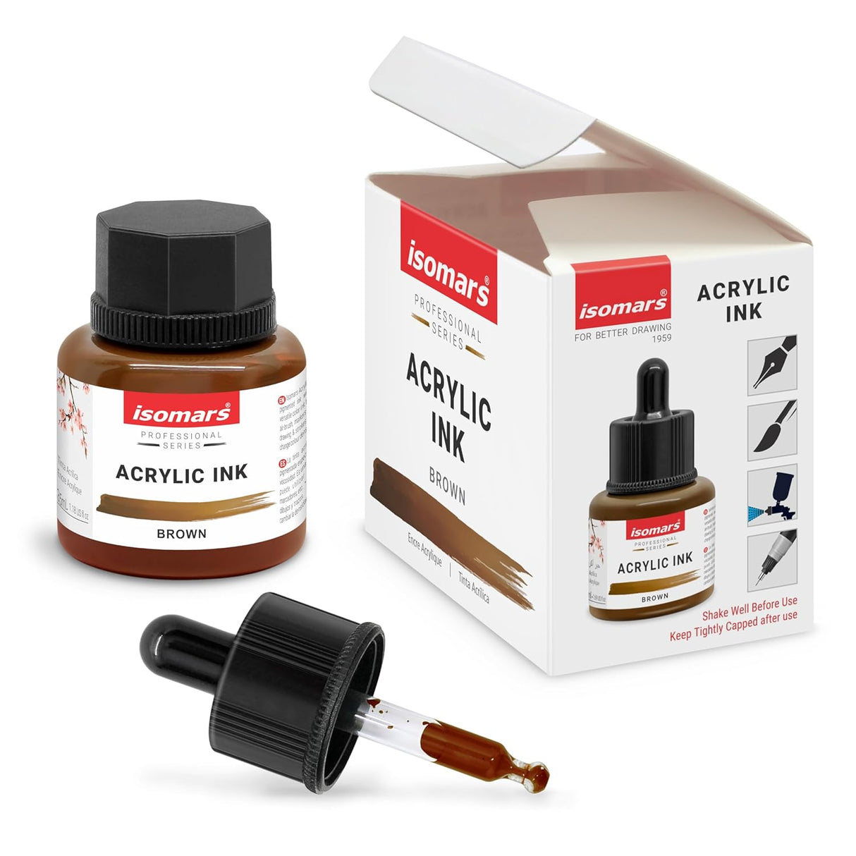 Acrylic Ink Brown 35ml | Waterproof Fast-Drying Artist Ink for Calligraphy, Painting, Airbrush & Mixed Media Art - Isomars