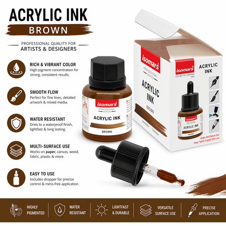 Acrylic Ink Brown 35ml | Waterproof Fast-Drying Artist Ink for Calligraphy, Painting, Airbrush & Mixed Media Art - Isomars