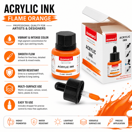 Acrylic Ink Orange 35ml | Waterproof Fast-Drying Artist Ink for Calligraphy, Painting, Airbrush & Mixed Media Art - Isomars