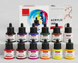 Acrylic Ink Set of 12 Colors with Dropper | Waterproof, Lightfast Professional Artist Inks for Canvas, Fabric, Illustration & Airbrush - Isomars