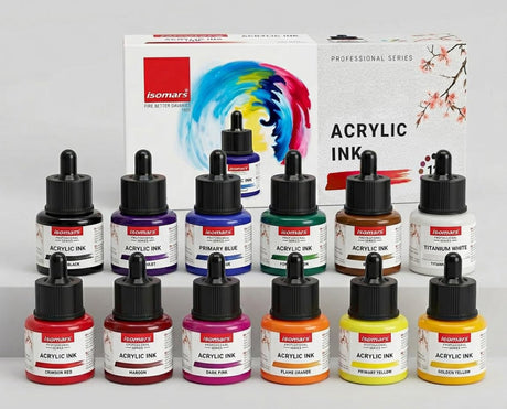 Acrylic Ink Set of 12 Colors with Dropper | Waterproof, Lightfast Professional Artist Inks for Canvas, Fabric, Illustration & Airbrush - Isomars