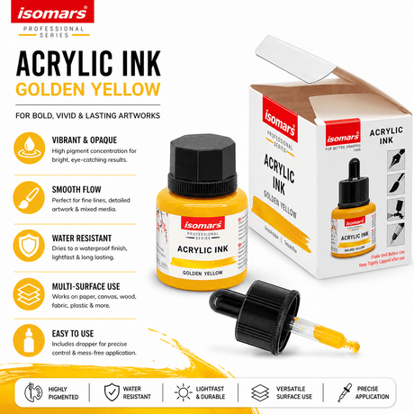 Acrylic Ink Yellow 35ml | Waterproof Fast-Drying Artist Ink for Calligraphy, Painting, Airbrush & Mixed Media Art - Isomars