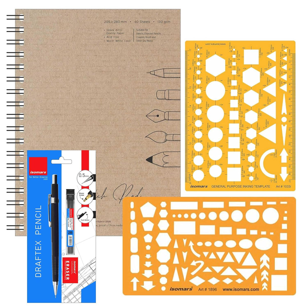 Drawing Kit (Pad, Assorted Shapes Templates & Pencil with Eraser) - Isomars