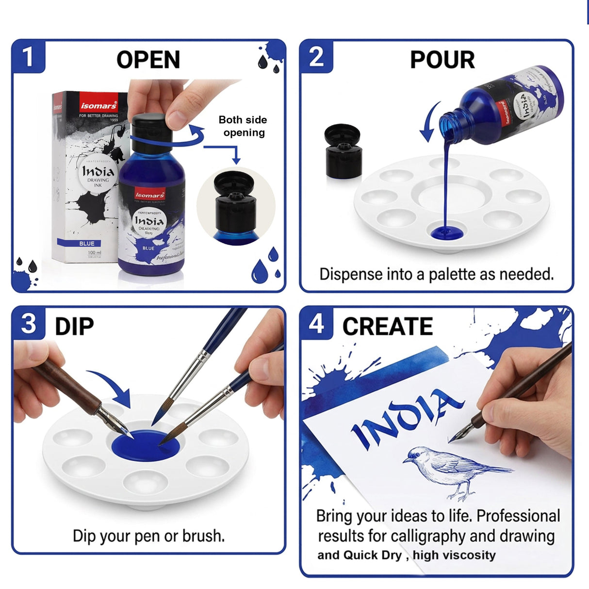 India Waterproof Drawing Ink Blue 100ml | Permanent Lightfast Artist Ink for Calligraphy, Airbrush, Illustration & Fabric Painting - Isomars
