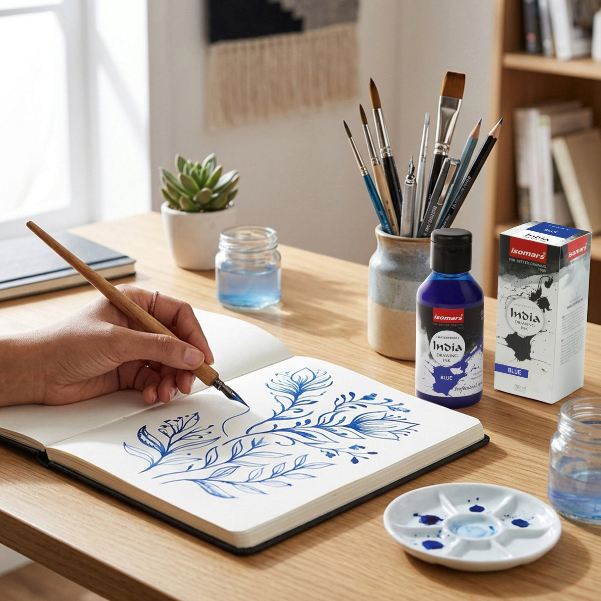 India Waterproof Drawing Ink Blue 100ml | Permanent Lightfast Artist Ink for Calligraphy, Airbrush, Illustration & Fabric Painting - Isomars
