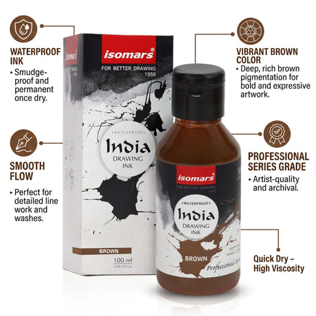 India Waterproof Drawing Ink Brown 100ml | Permanent Lightfast Artist Ink for Calligraphy, Airbrush, Illustration & Fabric Painting - Isomars