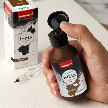 India Waterproof Drawing Ink Brown 100ml | Permanent Lightfast Artist Ink for Calligraphy, Airbrush, Illustration & Fabric Painting - Isomars