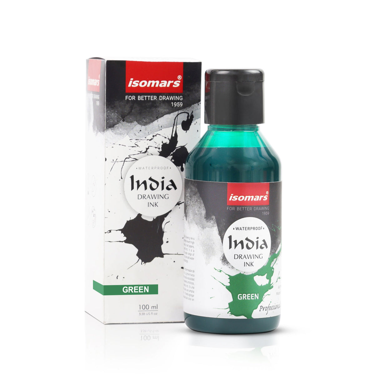 India Waterproof Drawing Ink Green 100ml | Permanent Lightfast Artist Ink for Calligraphy, Airbrush, Illustration & Fabric Painting - Isomars