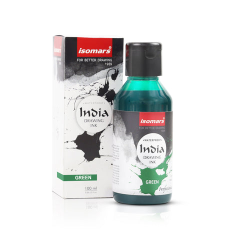 India Waterproof Drawing Ink Green 100ml | Permanent Lightfast Artist Ink for Calligraphy, Airbrush, Illustration & Fabric Painting - Isomars