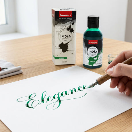India Waterproof Drawing Ink Green 100ml | Permanent Lightfast Artist Ink for Calligraphy, Airbrush, Illustration & Fabric Painting - Isomars