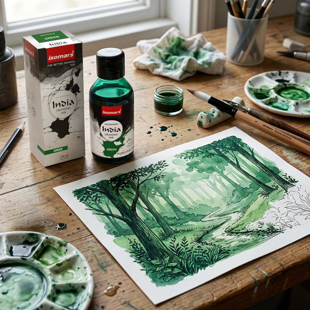 India Waterproof Drawing Ink Green 100ml | Permanent Lightfast Artist Ink for Calligraphy, Airbrush, Illustration & Fabric Painting - Isomars