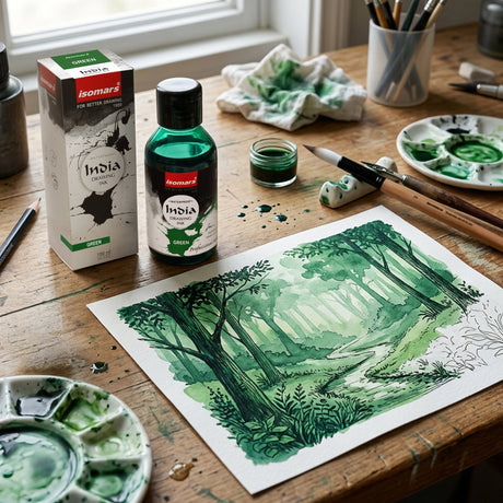 India Waterproof Drawing Ink Green 100ml | Permanent Lightfast Artist Ink for Calligraphy, Airbrush, Illustration & Fabric Painting - Isomars