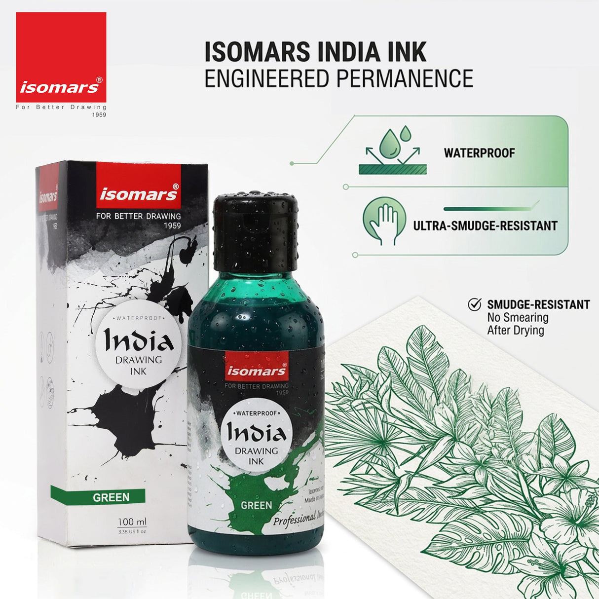 India Waterproof Drawing Ink Green 100ml | Permanent Lightfast Artist Ink for Calligraphy, Airbrush, Illustration & Fabric Painting - Isomars