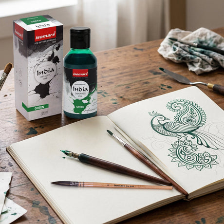 India Waterproof Drawing Ink Green 100ml | Permanent Lightfast Artist Ink for Calligraphy, Airbrush, Illustration & Fabric Painting - Isomars