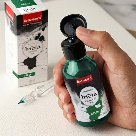 India Waterproof Drawing Ink Green 100ml | Permanent Lightfast Artist Ink for Calligraphy, Airbrush, Illustration & Fabric Painting - Isomars