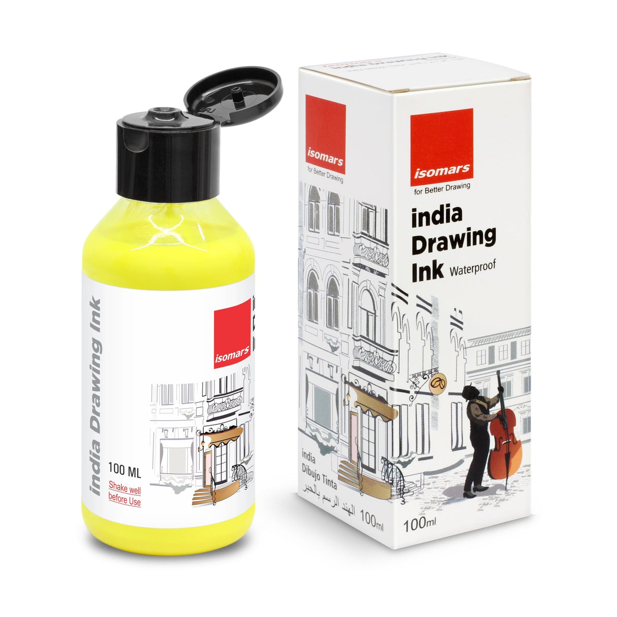 India Waterproof Drawing Ink Lemon Yellow 100ml | Permanent Lightfast Artist Ink for Calligraphy, Airbrush, Illustration & Fabric Painting - Isomars