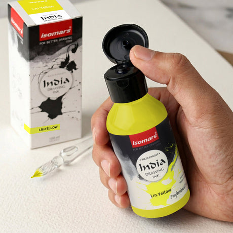 India Waterproof Drawing Ink Lemon Yellow 100ml | Permanent Lightfast Artist Ink for Calligraphy, Airbrush, Illustration & Fabric Painting - Isomars