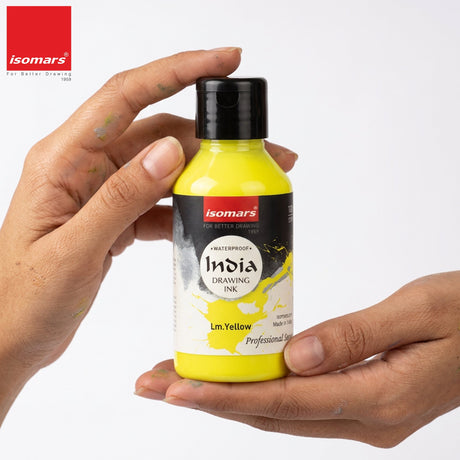 India Waterproof Drawing Ink Lemon Yellow 100ml | Permanent Lightfast Artist Ink for Calligraphy, Airbrush, Illustration & Fabric Painting - Isomars