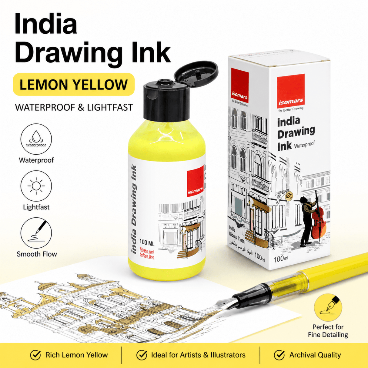 India Waterproof Drawing Ink Lemon Yellow 100ml | Permanent Lightfast Artist Ink for Calligraphy, Airbrush, Illustration & Fabric Painting - Isomars
