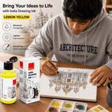 India Waterproof Drawing Ink Lemon Yellow 100ml | Permanent Lightfast Artist Ink for Calligraphy, Airbrush, Illustration & Fabric Painting - Isomars