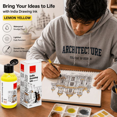 India Waterproof Drawing Ink Lemon Yellow 100ml | Permanent Lightfast Artist Ink for Calligraphy, Airbrush, Illustration & Fabric Painting - Isomars