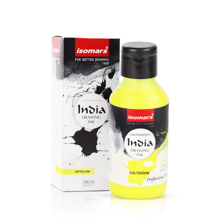 India Waterproof Drawing Ink Lemon Yellow 100ml | Permanent Lightfast Artist Ink for Calligraphy, Airbrush, Illustration & Fabric Painting - Isomars