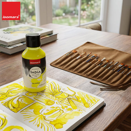 India Waterproof Drawing Ink Lemon Yellow 100ml | Permanent Lightfast Artist Ink for Calligraphy, Airbrush, Illustration & Fabric Painting - Isomars