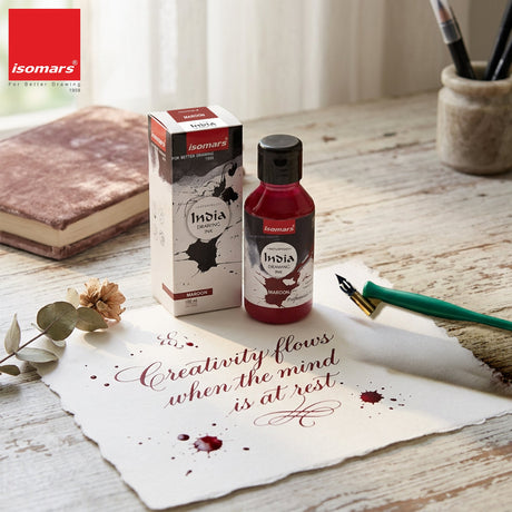India Waterproof Drawing Ink Maroon 100ml | Permanent Lightfast Artist Ink for Calligraphy, Airbrush, Illustration & Fabric Painting - Isomars