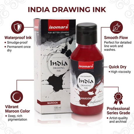 India Waterproof Drawing Ink Maroon 100ml | Permanent Lightfast Artist Ink for Calligraphy, Airbrush, Illustration & Fabric Painting - Isomars
