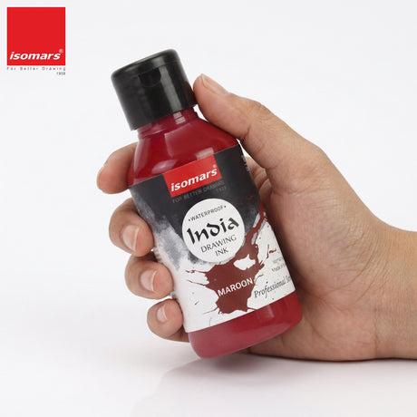India Waterproof Drawing Ink Maroon 100ml | Permanent Lightfast Artist Ink for Calligraphy, Airbrush, Illustration & Fabric Painting - Isomars