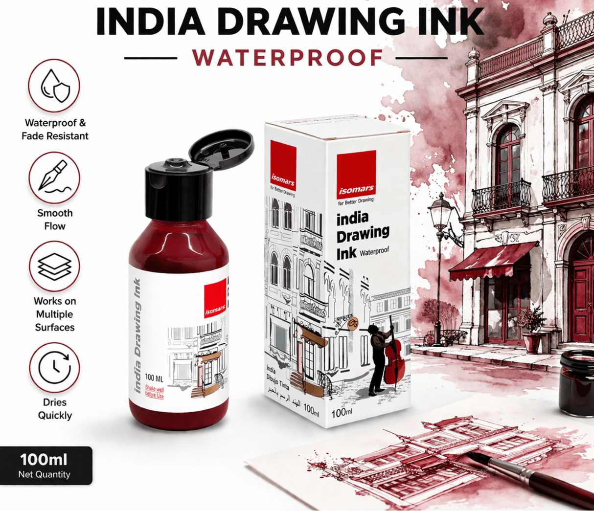 India Waterproof Drawing Ink Maroon 100ml | Permanent Lightfast Artist Ink for Calligraphy, Airbrush, Illustration & Fabric Painting - Isomars
