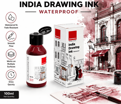 India Waterproof Drawing Ink Maroon 100ml | Permanent Lightfast Artist Ink for Calligraphy, Airbrush, Illustration & Fabric Painting - Isomars