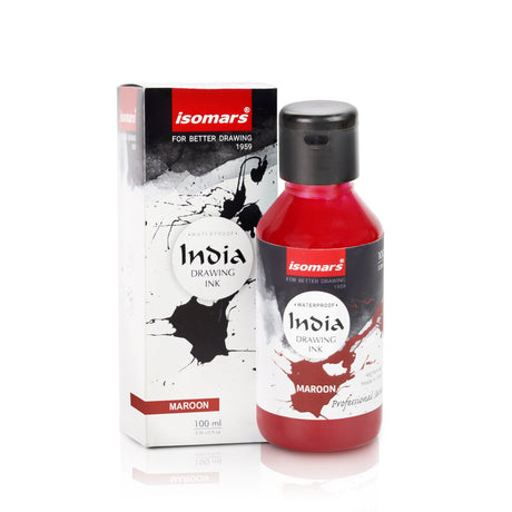India Waterproof Drawing Ink Maroon 100ml | Permanent Lightfast Artist Ink for Calligraphy, Airbrush, Illustration & Fabric Painting - Isomars