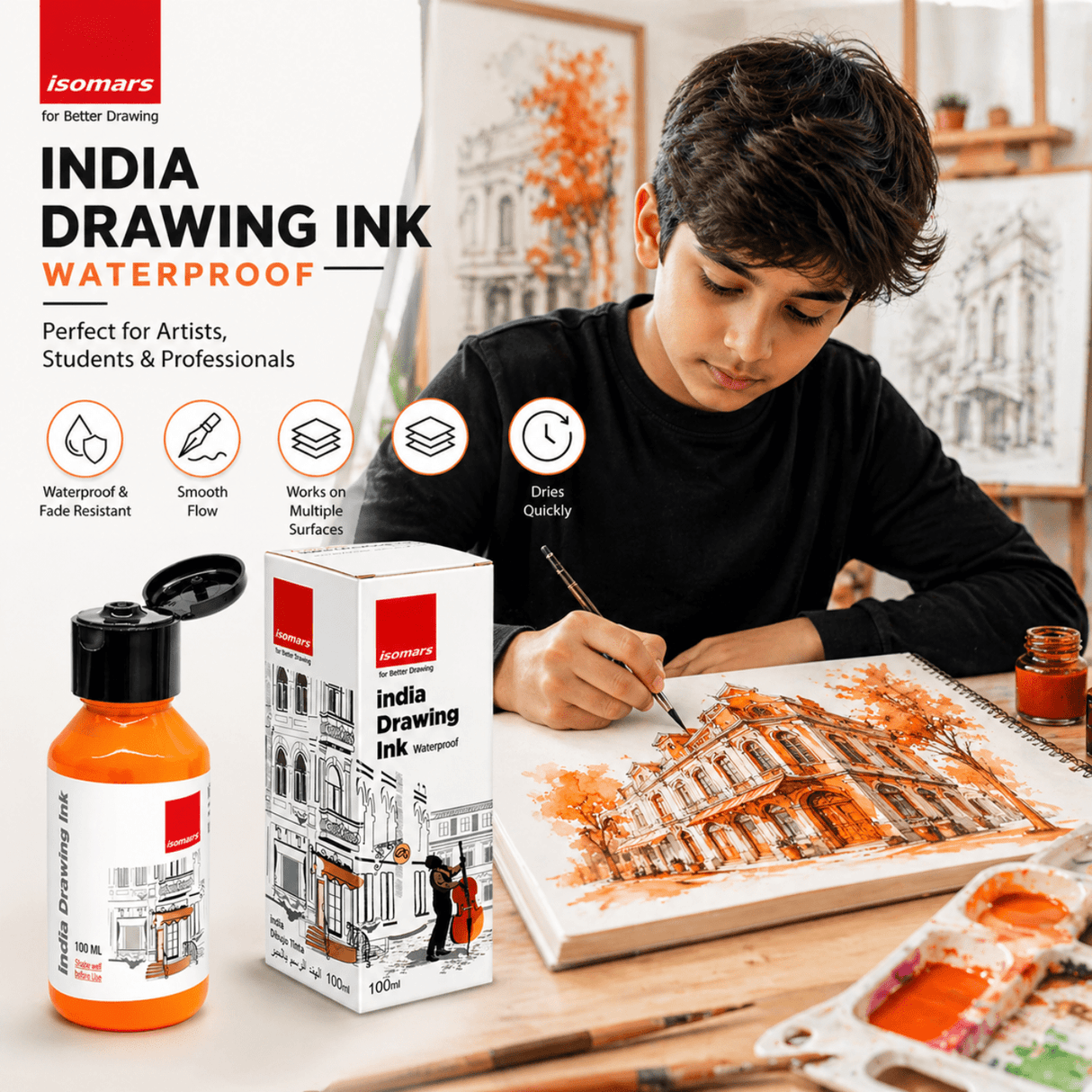 India Waterproof Drawing Ink Orange 100ml | Permanent Lightfast Artist Ink for Calligraphy, Airbrush, Illustration & Fabric Painting - Isomars
