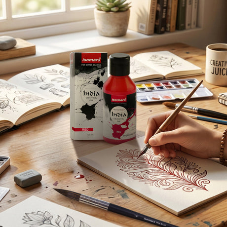 India Waterproof Drawing Ink Red 100ml | Permanent Lightfast Artist Ink for Calligraphy, Airbrush, Illustration & Fabric Painting - Isomars