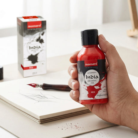 India Waterproof Drawing Ink Red 100ml | Permanent Lightfast Artist Ink for Calligraphy, Airbrush, Illustration & Fabric Painting - Isomars