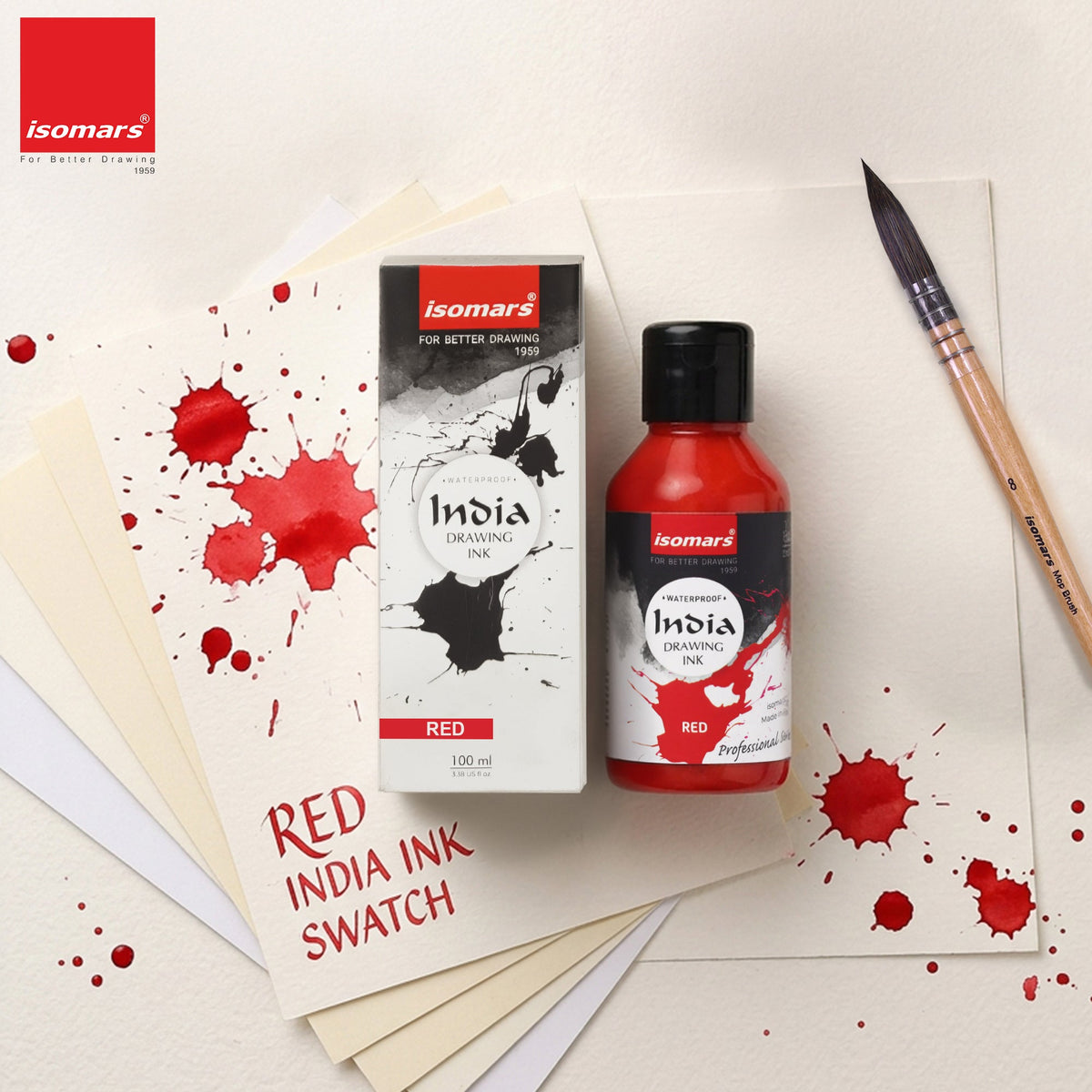 India Waterproof Drawing Ink Red 100ml | Permanent Lightfast Artist Ink for Calligraphy, Airbrush, Illustration & Fabric Painting - Isomars