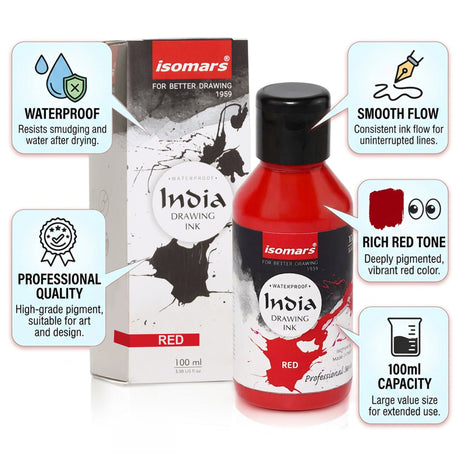 India Waterproof Drawing Ink Red 100ml | Permanent Lightfast Artist Ink for Calligraphy, Airbrush, Illustration & Fabric Painting - Isomars