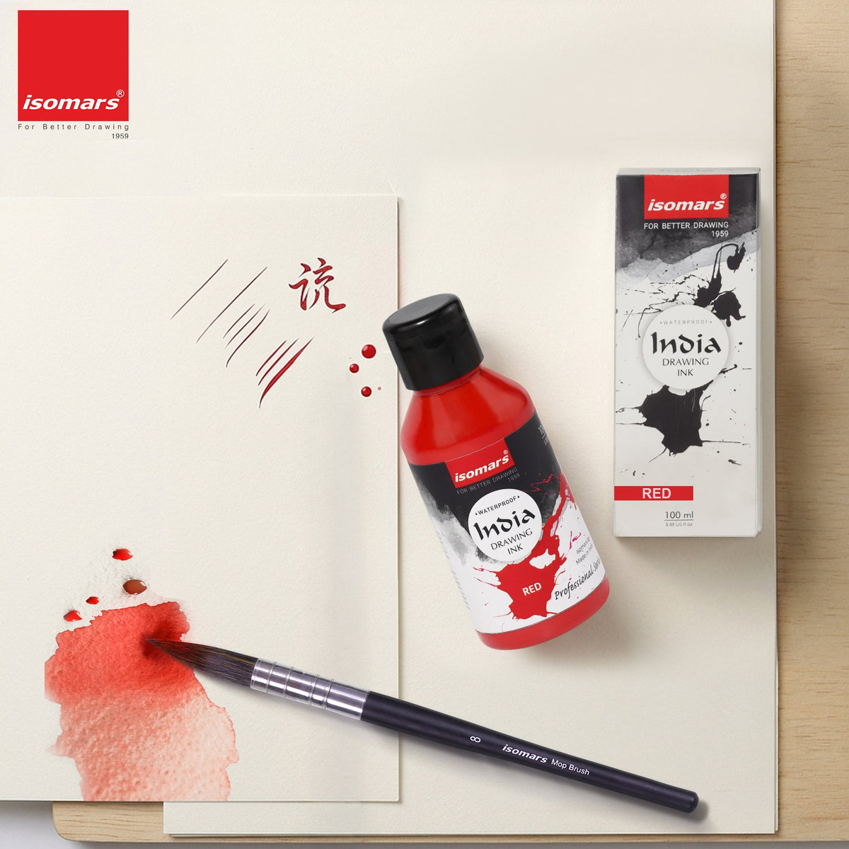 India Waterproof Drawing Ink Red 100ml | Permanent Lightfast Artist Ink for Calligraphy, Airbrush, Illustration & Fabric Painting - Isomars