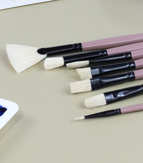 Isomar Saphire Long Handle Painter’s Paint Brush Set of 7 – Mixed Shape Brushes (Filbert, Fan, Angular, Flat, Round, Deer Foot, Dagger) Hog Hair Brushes for Acrylic & Oil Painting, Artist Brush Set - Isomars