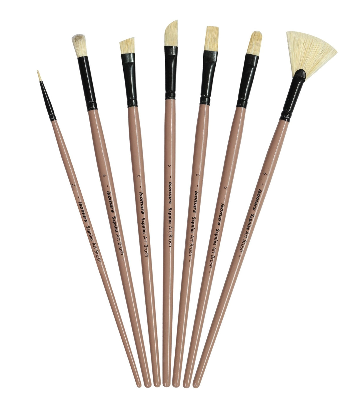 Isomar Saphire Long Handle Painter’s Paint Brush Set of 7 – Mixed Shape Brushes (Filbert, Fan, Angular, Flat, Round, Deer Foot, Dagger) Hog Hair Brushes for Acrylic & Oil Painting, Artist Brush Set - Isomars