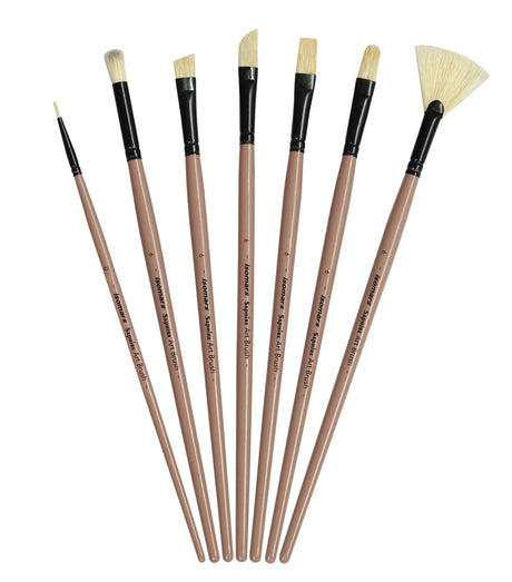 Isomar Saphire Long Handle Painter’s Paint Brush Set of 7 – Mixed Shape Brushes (Filbert, Fan, Angular, Flat, Round, Deer Foot, Dagger) Hog Hair Brushes for Acrylic & Oil Painting, Artist Brush Set - Isomars