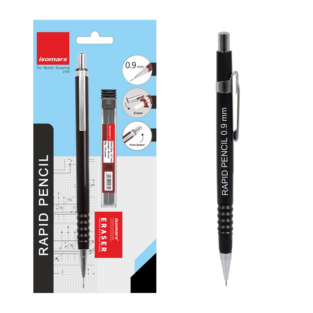 Isomars 0.9mm Mechanical Pencil with 10 Extra 2B Leads & Eraser | Rapid Drafting Pencil for Drawing, Sketching, Writing & Technical Drafting | For Students, Artists & Professionals - Isomars